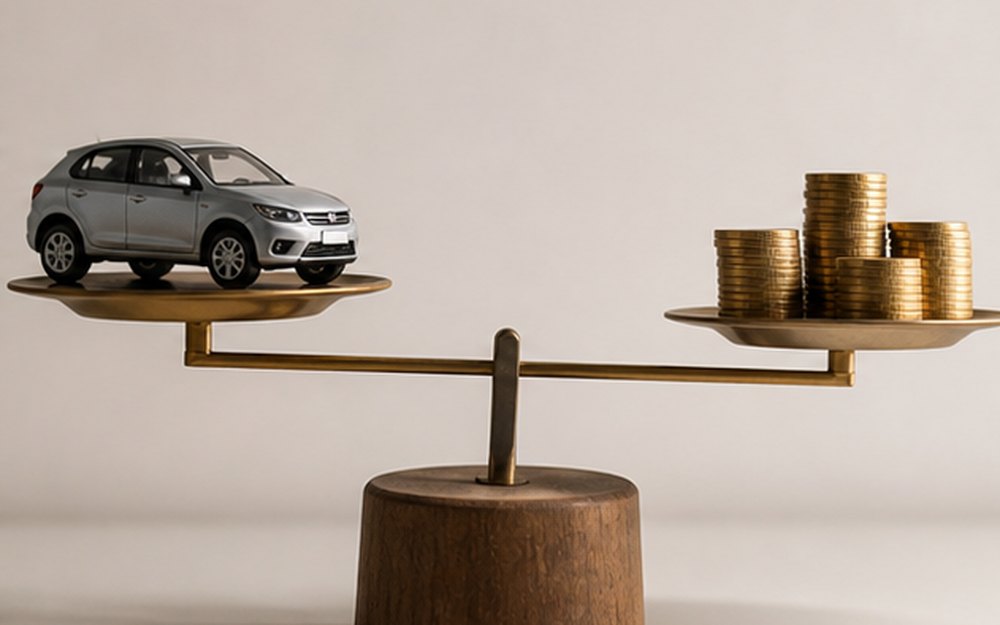 車の模型とコインを載せた天秤の静物