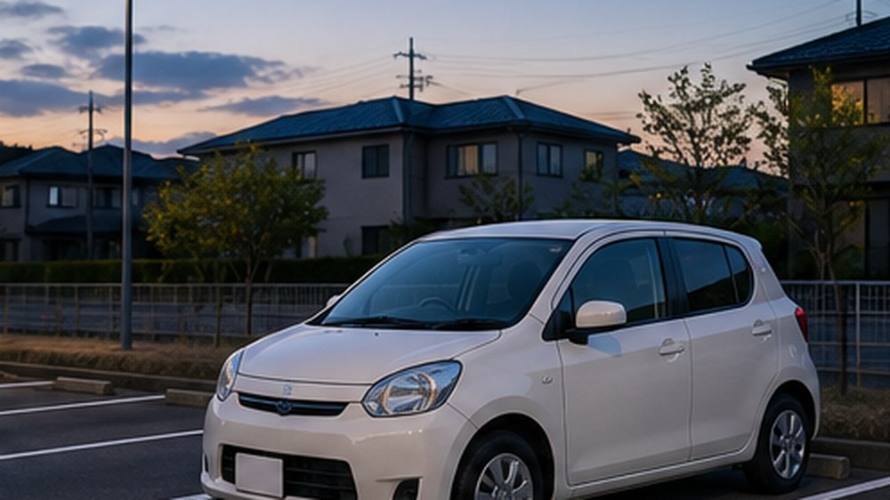 薄明の駐車場に停まるコンパクトカー