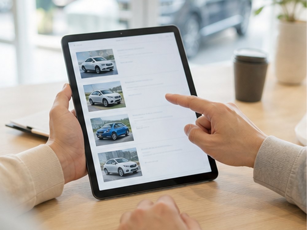 タブレットで車両リストを確認する商談風景