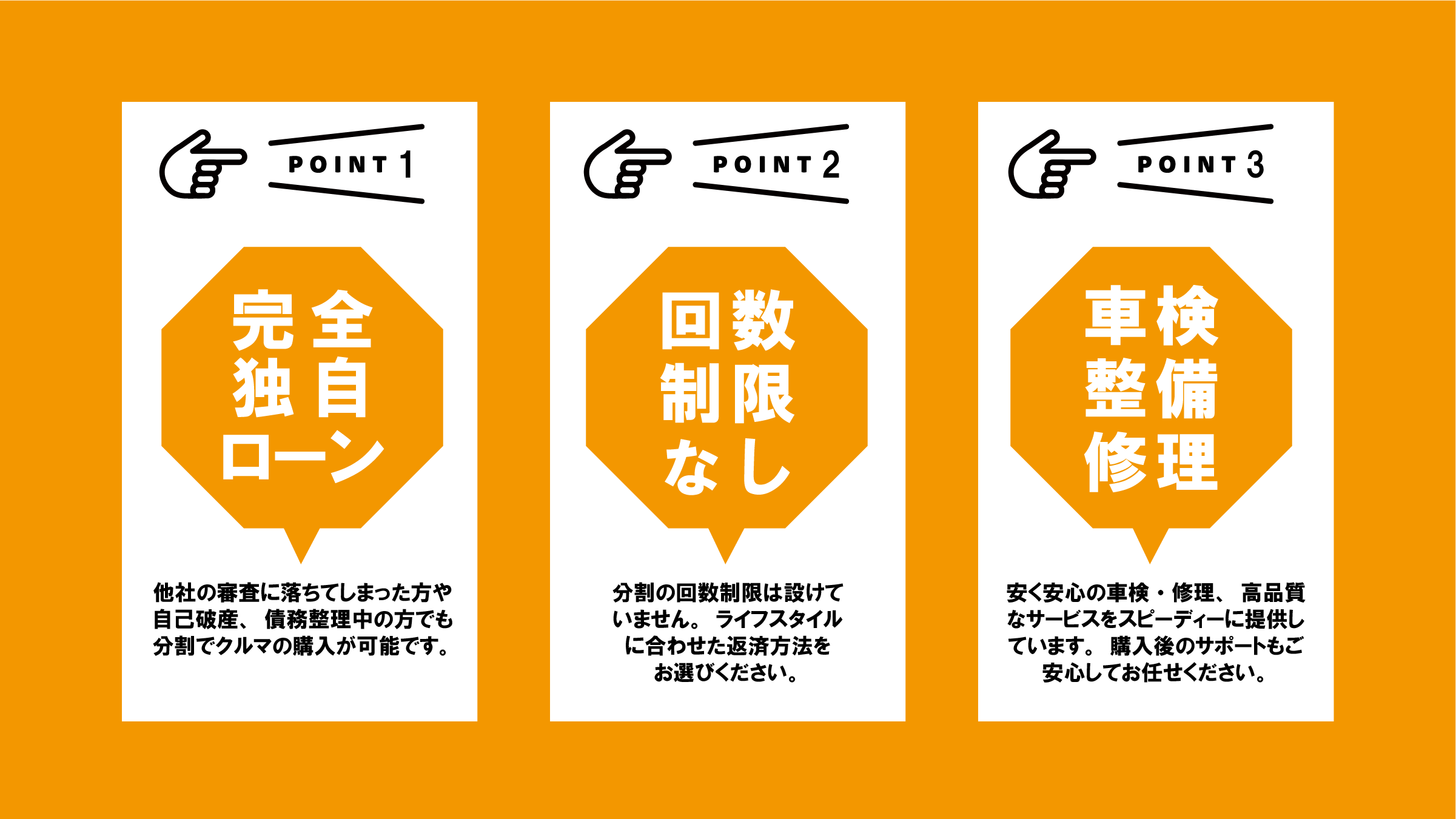 1.全独自ローン、2.回数制限なし、3.車検整備修理
